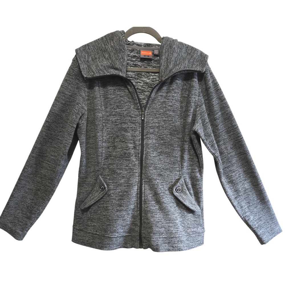 Merrell Womens Gray Marl Full Zip Fleece Jacket Hoodie Oversized Collar Size L